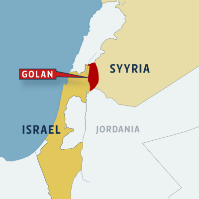 Kartta, jossa on punaisella Golanin alue. Karttaan merkitty Israel, Syyria ja Jordania.