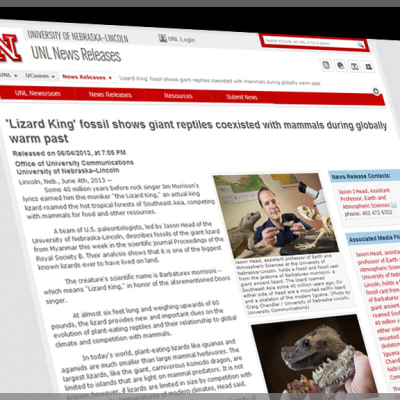 Kuvarevinnäinen University of Nebraska-Lincolnin nettisivusta, joka käsittelee jättimatelija-aihetta, Barbaturex morrisonia.