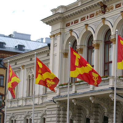Tampereen liput liehuu Raatihuoneen edessä.