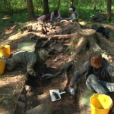 Kuvassa yleisöä kaivamassa esiin arkeologista aineistoa Kruunupyyn entisen spitaalihospitaalin paikalla