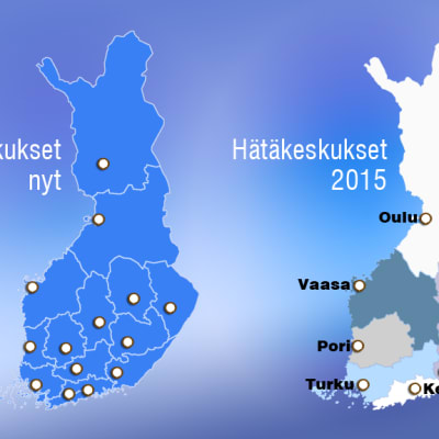 Kartta hätäkeskusten sijainneista nyt ja vuonna 2015