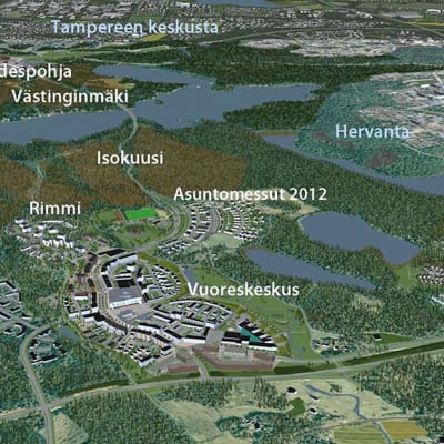 Ilmakuva Tampereen tulevasta asuntomessualueesta. Kuvassa kaupunginosien nimet merkittynä kuvaan. 