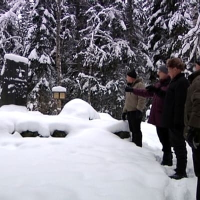 Neljä iäkästä miestä seisoo lumihangessa Koivulahden lentoturman muistopatsaan vieressä. 