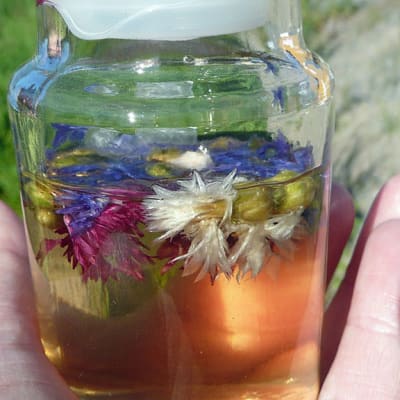Ruiskaunokeista ja muista kukista tehtyä kasvovettä lasipurkissa