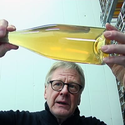 Juhani Salovaara tarkastelee viinipulloa.