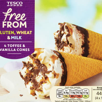 Tesco Free From -tuotesarjan Toffee & Vanilja -jäätelötuutteja.