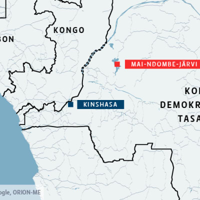 Karttakuva. Kymmeniä ihmisiä hukkui Mai-Ndombe-järvellä Kongon demokraattisessa tasavallassa.