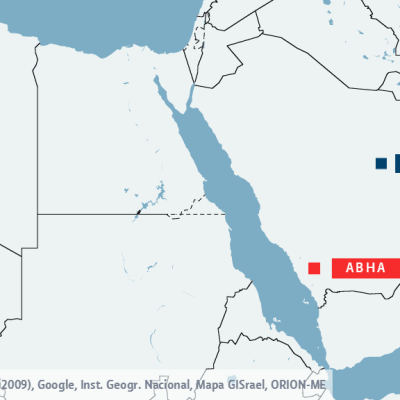 Kartta. Jemenin joukot iskivät Abhan lentokentälle Saudi-Arabiassa. Abha sijaitsee 850 kilometriä maan pääkaupungista Riadista lounaaseen.