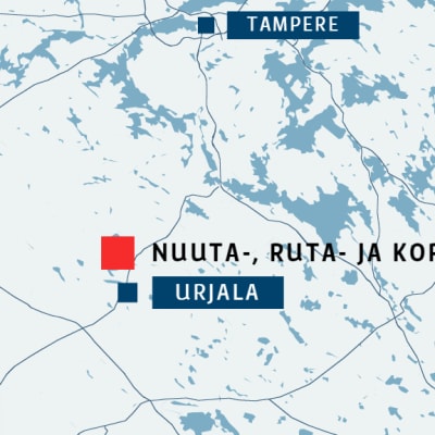 Urjalan Nuuta-, Ruta- ja Kortejärven sijainti eteläisellä Pirkanmaalla. 
