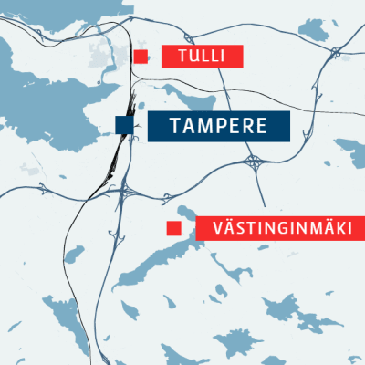 Tulli ja Västinginmäki Tampereen kartalla. Tulli on juna-aseman lähellä, Västinginmäki tulee kaupungin eteläosiin .
