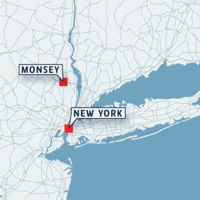 Kartta, johon on merkitty Monsey, joka sijaitsee New Yorkin pohjoispuolella. 