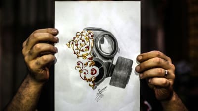 En teckning av den syriska konstnären Akram Abu al-Foz till minnet av gasattacken i Ghouta