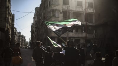 Syrier protesterade på fredagen mot misstänkta brott mot eldupphöret i stadsdelen Douma i Damaskus utkanter.