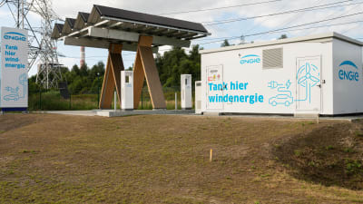 En laddningsstation som drivs med vindenergi i Ghent, Belgien