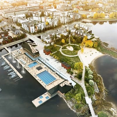 Havainnekuva, jossa Oulun Kiikelinsaareen rantaan on piirretty suunniteltu meriuimala.