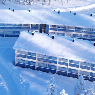 Sallaan rakenteille oleva lomakylä.