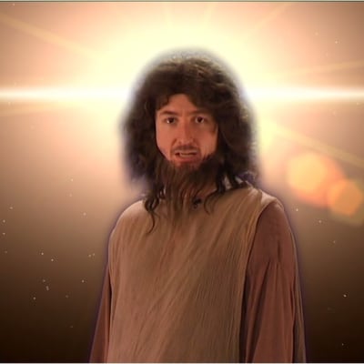 Stradan Ivan Jeesus Kristuksen asuun pukeutuneena, taustallaan taivaallinen valo