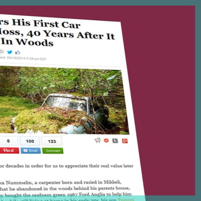 Kuvakaappaus Huffingtonpost.com -nettisivuilta jutusta, joka käsittelee Pekka Nummelinin uudelleen löytämäänsä sammaloitunutta autoaan.  