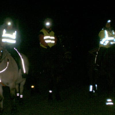 Kolme ratsastajaa ja hevosta heijastimiin pukeutuneena