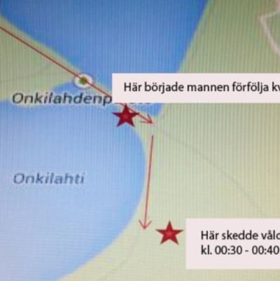 Karta över var våldtäkten på Träskgatan i Vasa inträffade