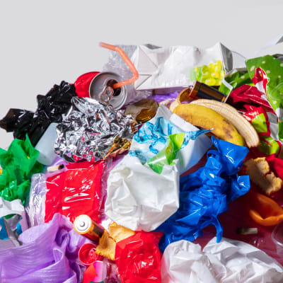 Färgad plast, skräp i en hög. 