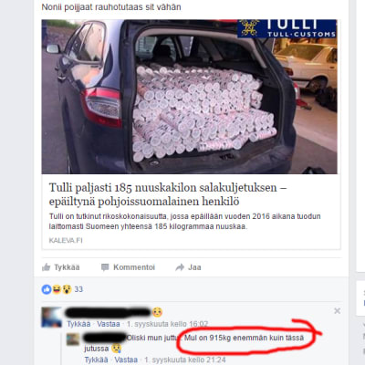 I grupperna på Facebook skämtas det friskt om tullmännens agerande vid gränsen. En försäljare jag följer med skryter med att han har 1100 kg snus just nu.