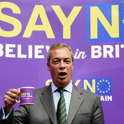 Britannian itsenäisyyspuolueen puheenjohtaja Nigel Faragen puhui EU:n vastaisessa tilaisuudessa Lontoossa 4. syyskuuta.