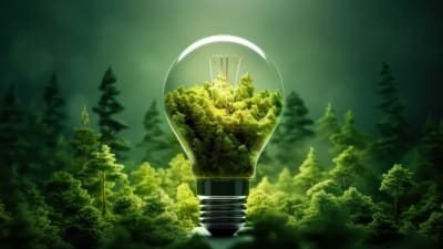 En grafisk frramställning av en glödlampa mot en grön skog, med växtlighet inuti lampan.