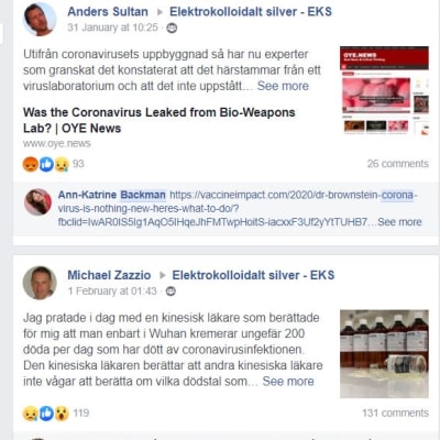 Anders Sultan och Ann-Katrine Backman delar länkar i Facebookgruppen Elektrokolloidalt silver, och Michael Zazzio kommenterar. Sultan och Zazzio styr företaget Ion Silver och Backman är återförsäljare i Finland. 