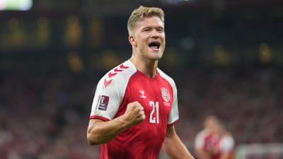 Andreas Cornelius jublar framför hemmapubliken på Parken i kvalmatchen mot Israel.