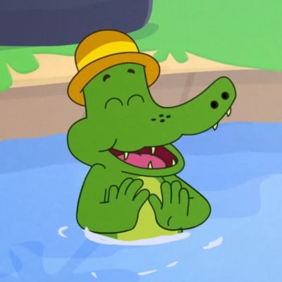 En tecknad Arne Alligator jublar med tre vänner i strandvatten.
