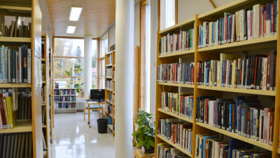 Bokhyllor och fönster i Liljendal bibliotek