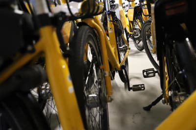 Cykeldäck på gula cyklar i en hall. 