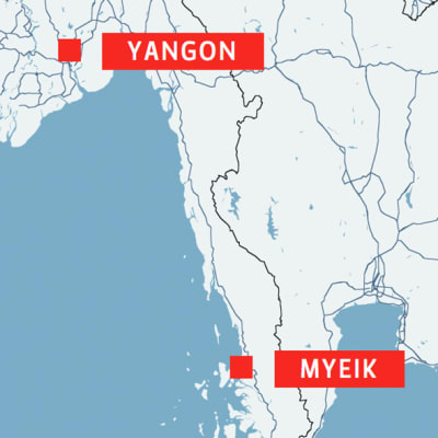 Karta som visar Burma, och städerna Yangon och Myiek.