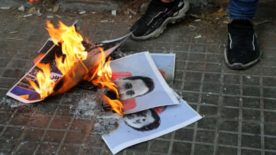 Bild på bilder på en domare som bränns av demonstranter.