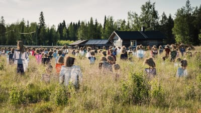 Heinäseipäistä ja turpeesta tehtyjä Hiljainen kansa -teoksen hahmoja pellolla Suomussalmella, taustalla valtatie 5 ja Niittykahvila.
