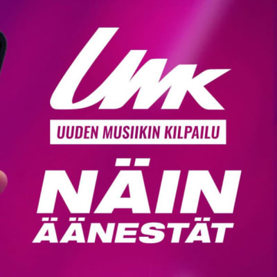 Ohjeistus UMK21-äänestykseen, violetilla taustalla puhelin jonka ruudulla on listattuna tämän vuoden UMK-kilpailijat.