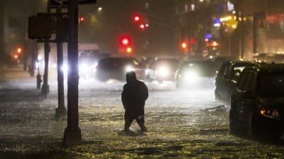 En man vadar genom en översvämmad gata i New York, upplyst av lamporna från bilar som har fastnat i vattenmassorna.