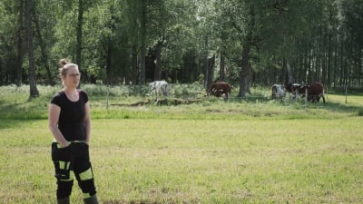 Luomutilan pitäjä Carin Grotenfelt seisoo lehmälaitumen edustalla kesällä.