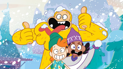 Keltainen Lumimies-animaatiosarjan hahmot poseeraavat.