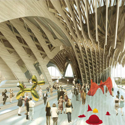 Guggenheim Helsinki -museon kilpailuehdotuksessa taideteoksia ja arkkitehtooninen puinen rakenne