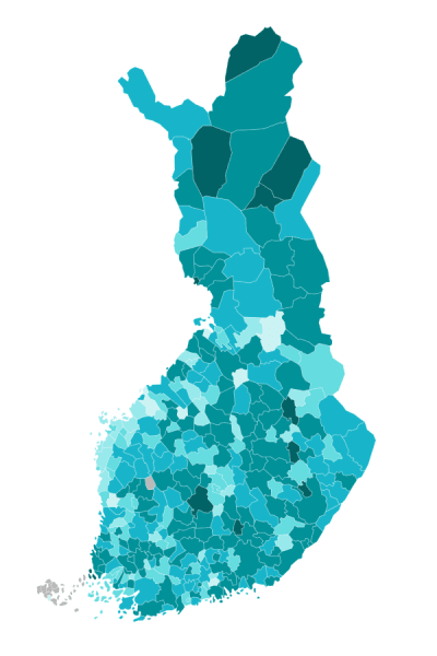 Finlandskarta med mörkare färger i norr och mitt i landet och ljusaste färger på västkusten.