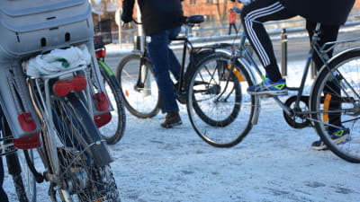 Flera cyklister väntar vid vägen i centrala Åbo.