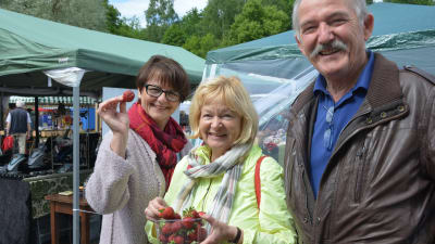 Minna Uusitalo, Riitta Jäckli och Ernst Jäckli föredrar inhemska jordgubbar.