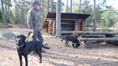 Skogsbruksingenjör Carl-Johan Jansson med sina hundar Ika och Fanny i Västerby friluftsområde.