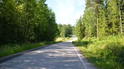 I mitten Eriksnäsvägen som vindlar sig, på sidorna grön skog och åker.