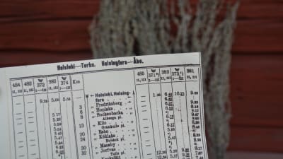 En tidig tågtidtabell vid Gammelgården i Ingå.