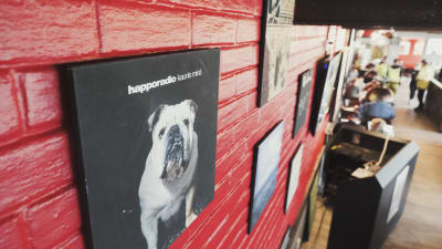Rödmålad tegelvägg med skivkonvolut, i förgrunden en svart skiva med vit bulldogg och texten Happoradio: kaunis minä.