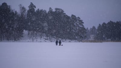 Två män långt borta går på isen och det snöar