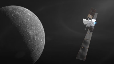 Rymdsonden BepiColombo närmar sig planeten Merkurius. Teckning.